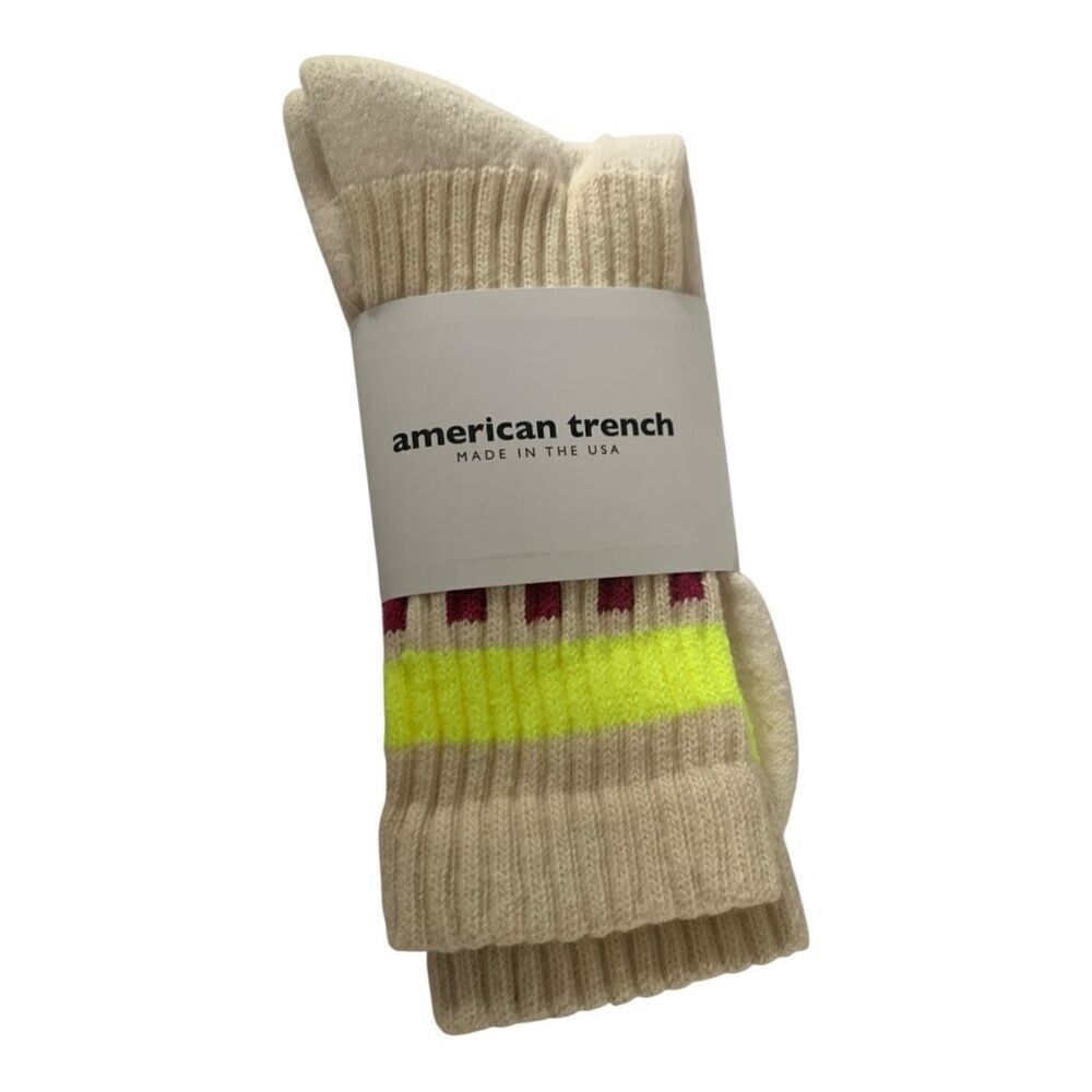 American Trench Retro Check Slouchy Crew Socks; Berry & Lemon Striped Knit, USA